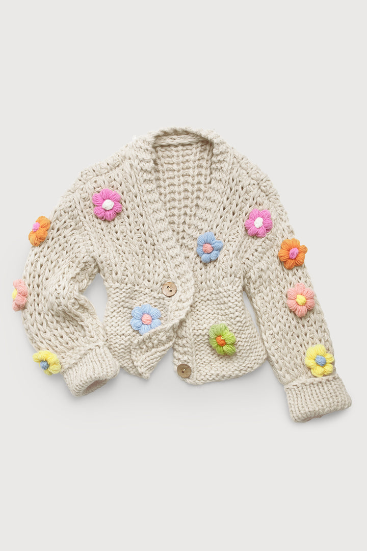 Appliqué Knit Floral Cardigan With Buttons