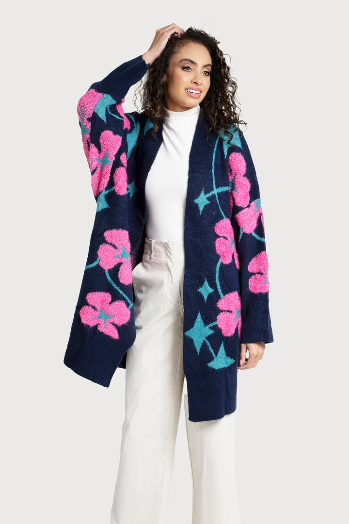 Floral Knit Cardigan Diamond Patterned