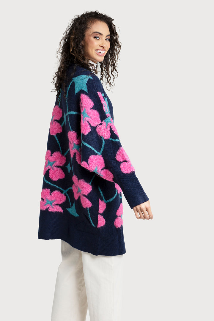 Floral Knit Cardigan Diamond Patterned