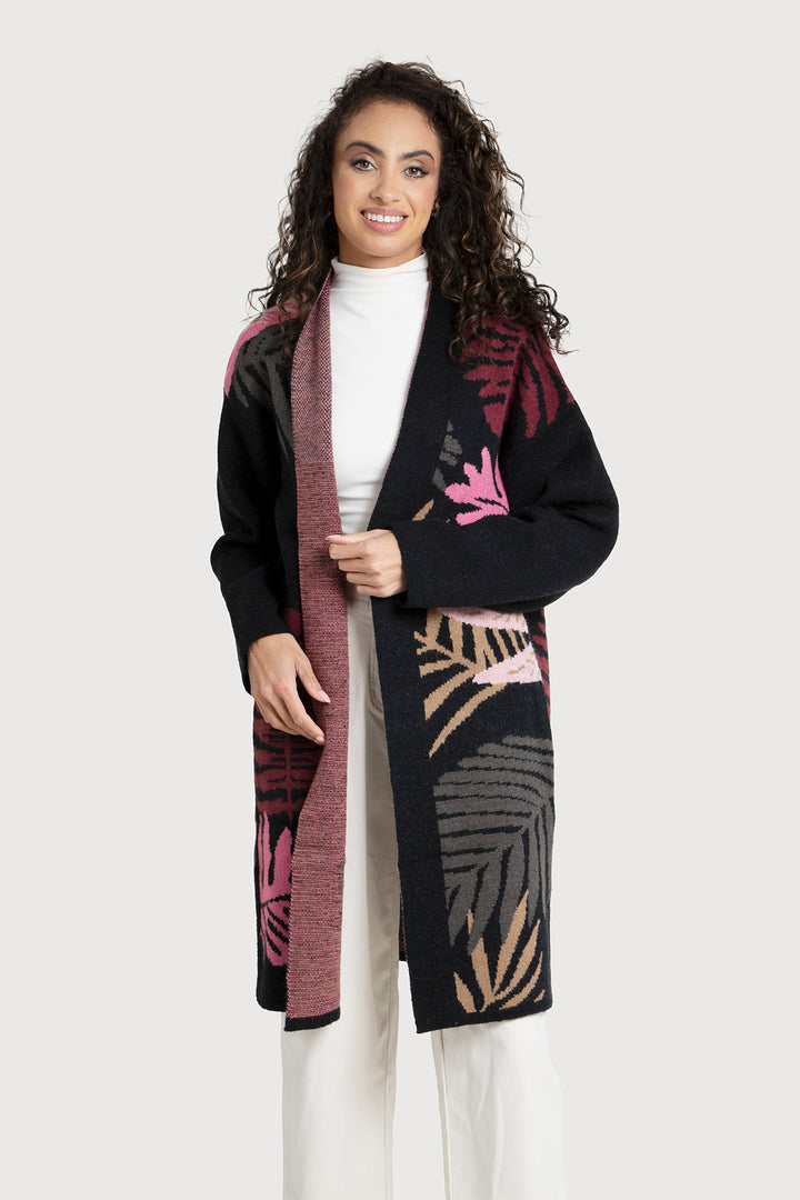 Tropical Leaves Cardigan Multi Color Black