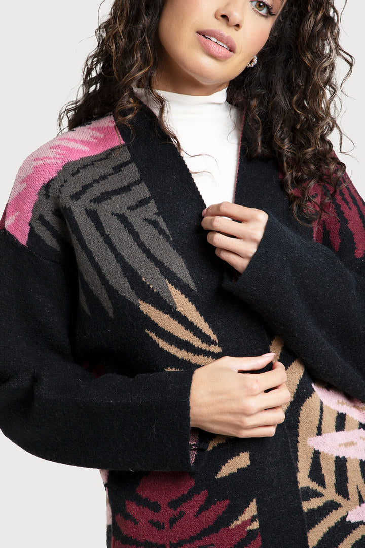 Tropical Leaves Cardigan Multi Color Black