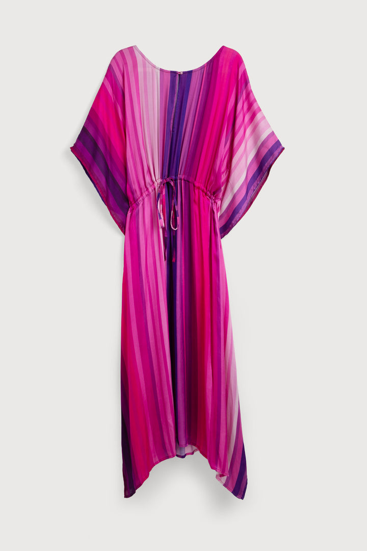 Multicolor Striped Tie Waist Keyhole Kaftan