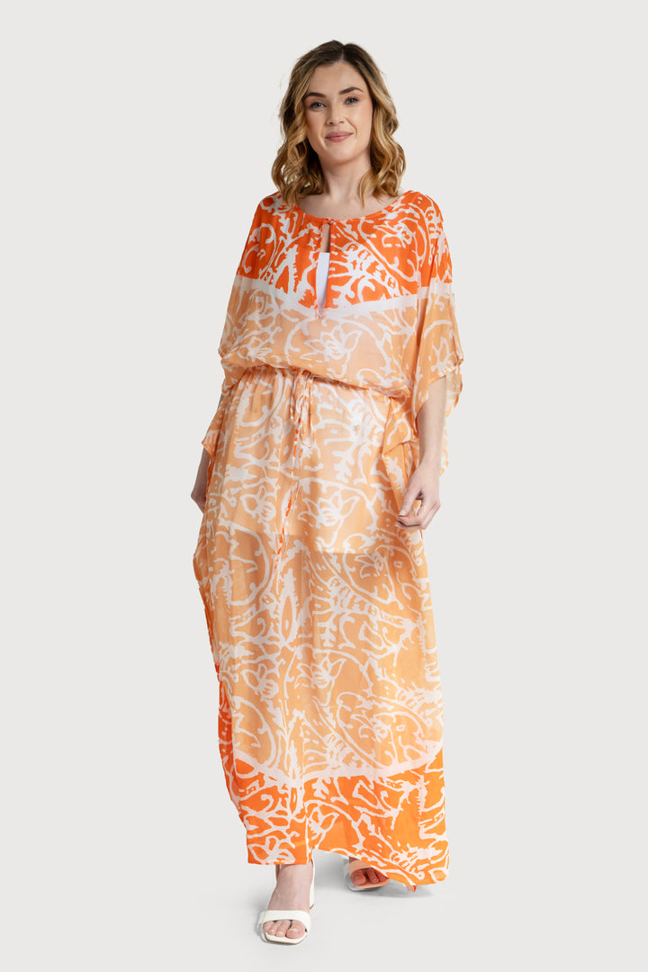 Two-Tone Tie Waist Keyhole Kaftan - SAACHI - ORANGE - Kaftan