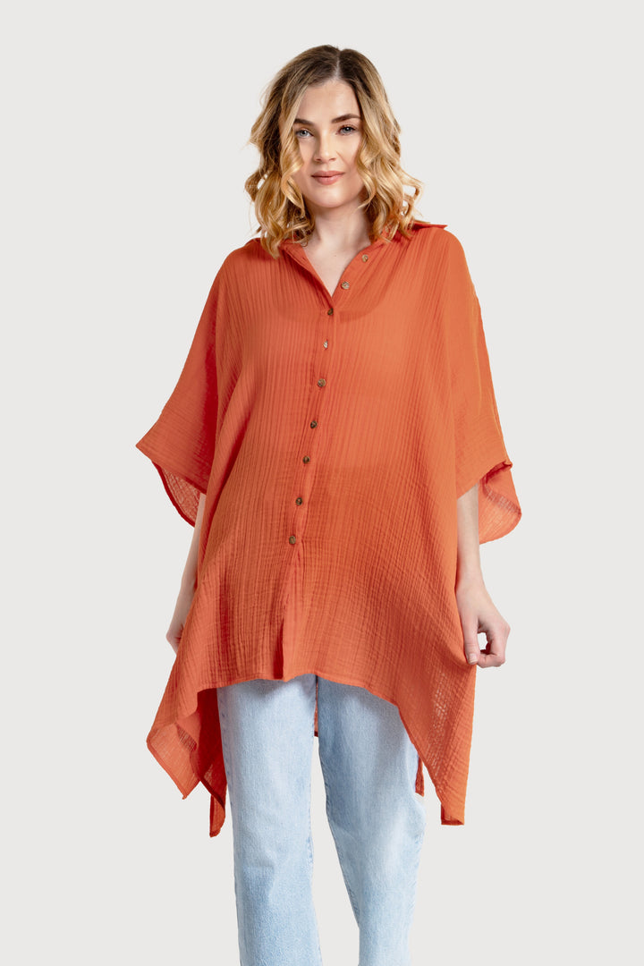 Oversized Textured Cotton Shirt Orange