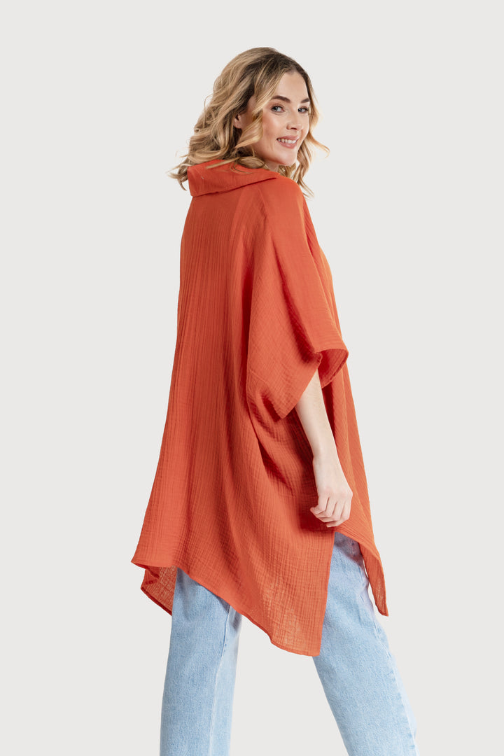 Oversized Textured Cotton Shirt Orange