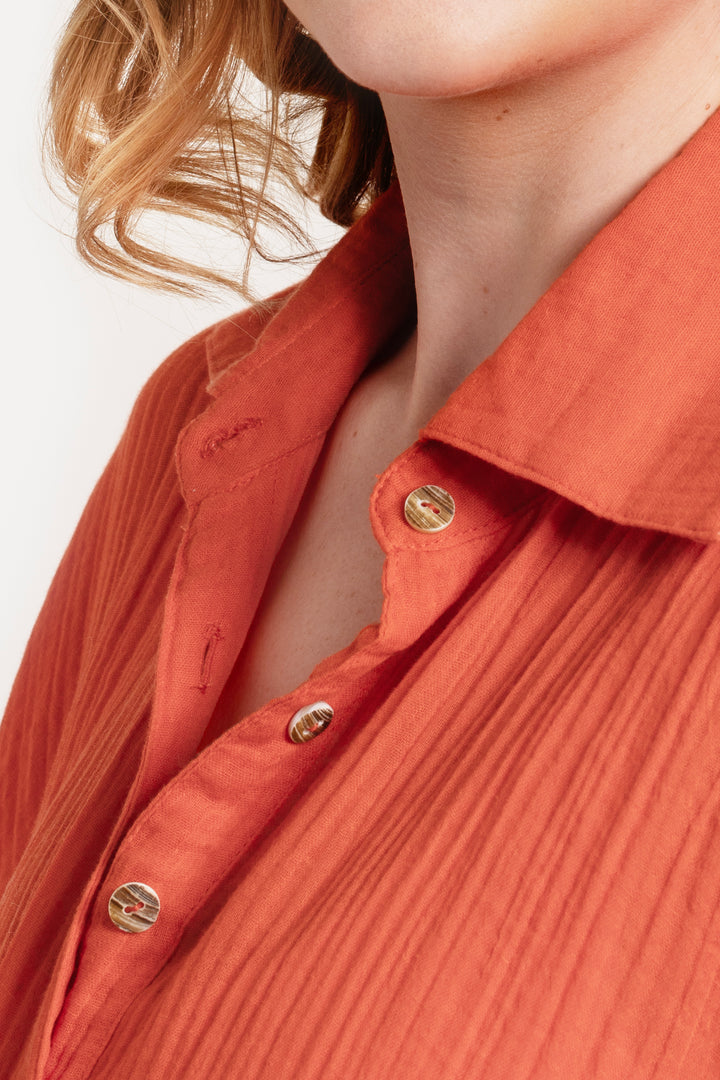 Oversized Textured Cotton Shirt Orange