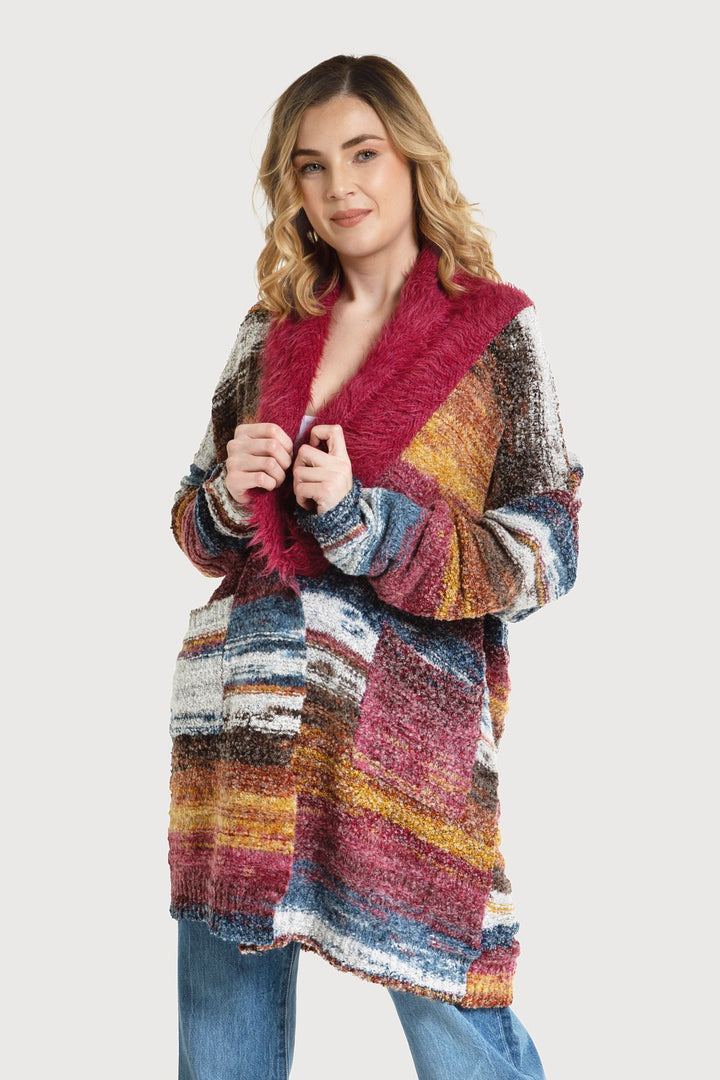 Multicolored Fur Collared Cardigan