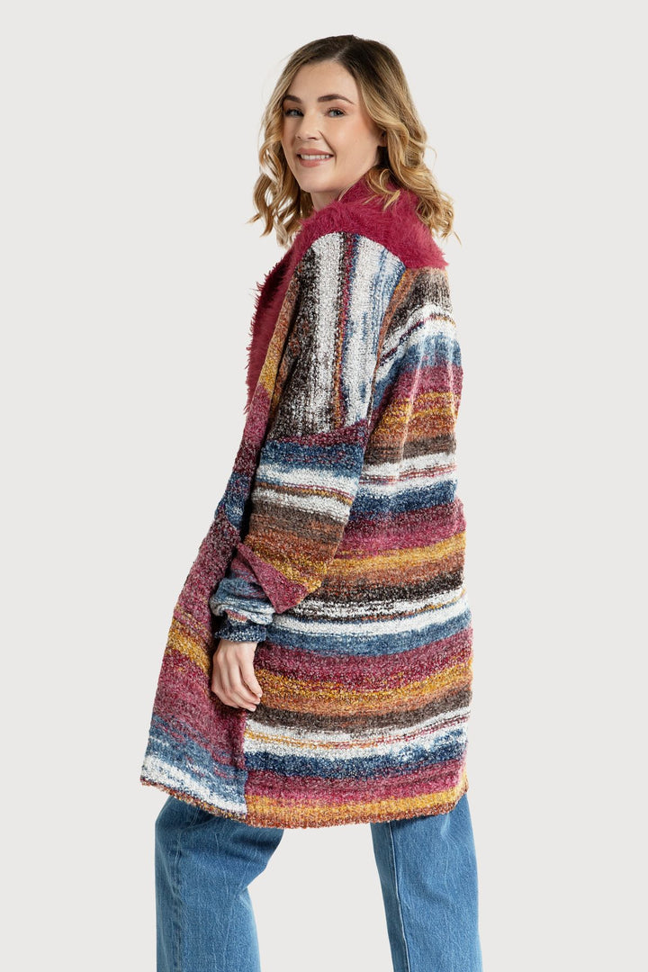 Multicolored Fur Collared Cardigan