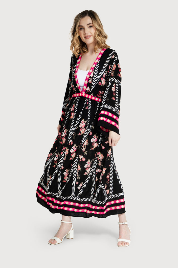 Aztec Floral Keyhole Kaftan Black Combo