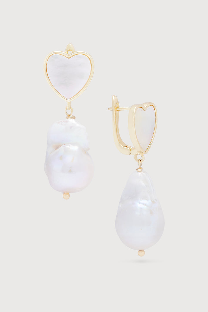 HEART ADORNED PEARL DANGLE EARRINGS White