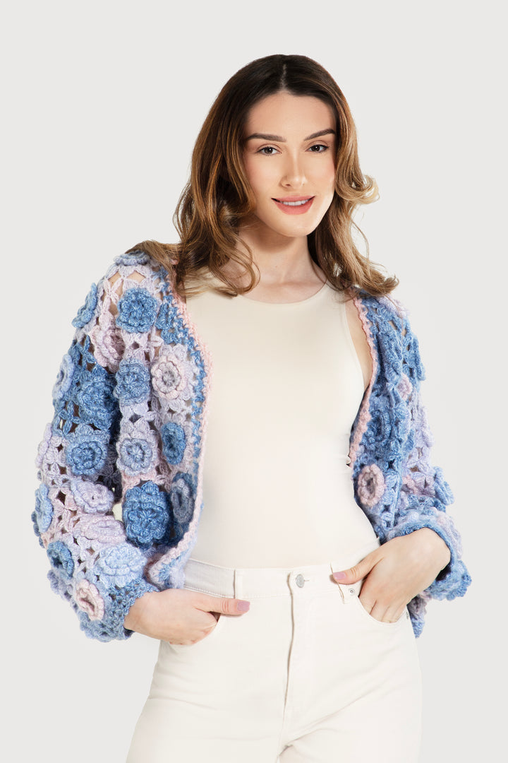 Crochet Floral Pattern Cardigan in Lavender Pink