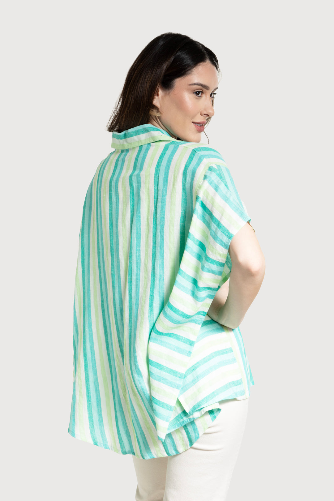 Oversized Striped Linen Cotton Shirt Green