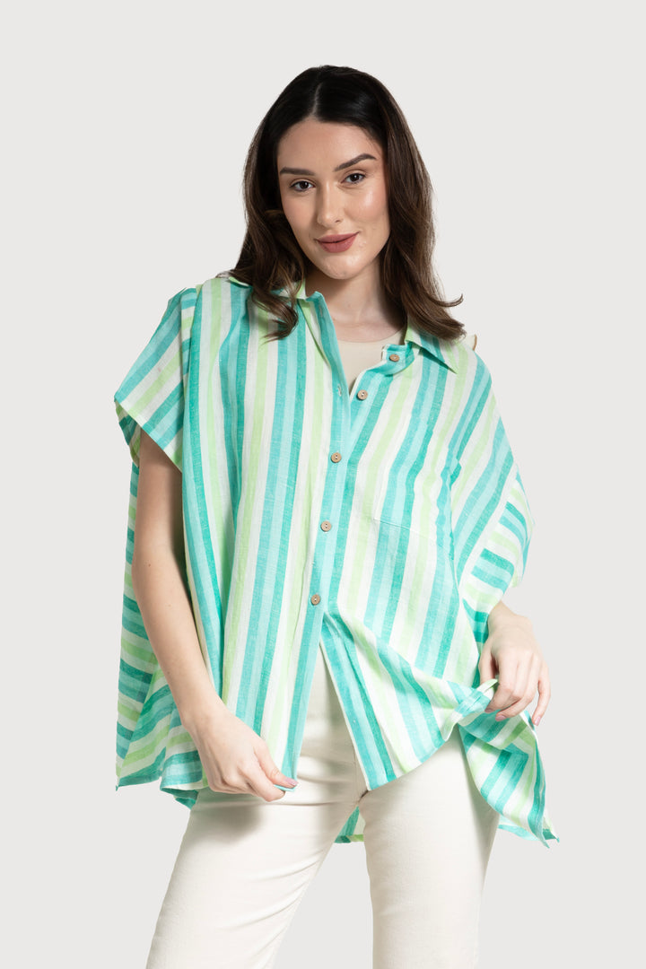 Oversized Striped Linen Cotton Shirt Green