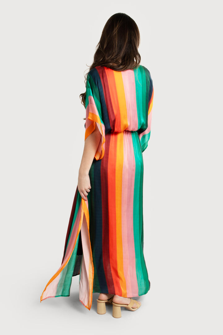 Multicolor Striped Tie Waist Keyhole Kaftan