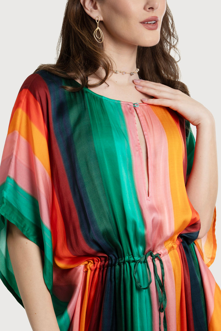 Multicolor Striped Tie Waist Keyhole Kaftan