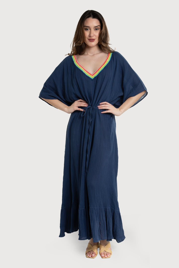 Rainbow Crochet Tie Waist Ruffled Kaftan - SAACHI - Navy - Kaftan