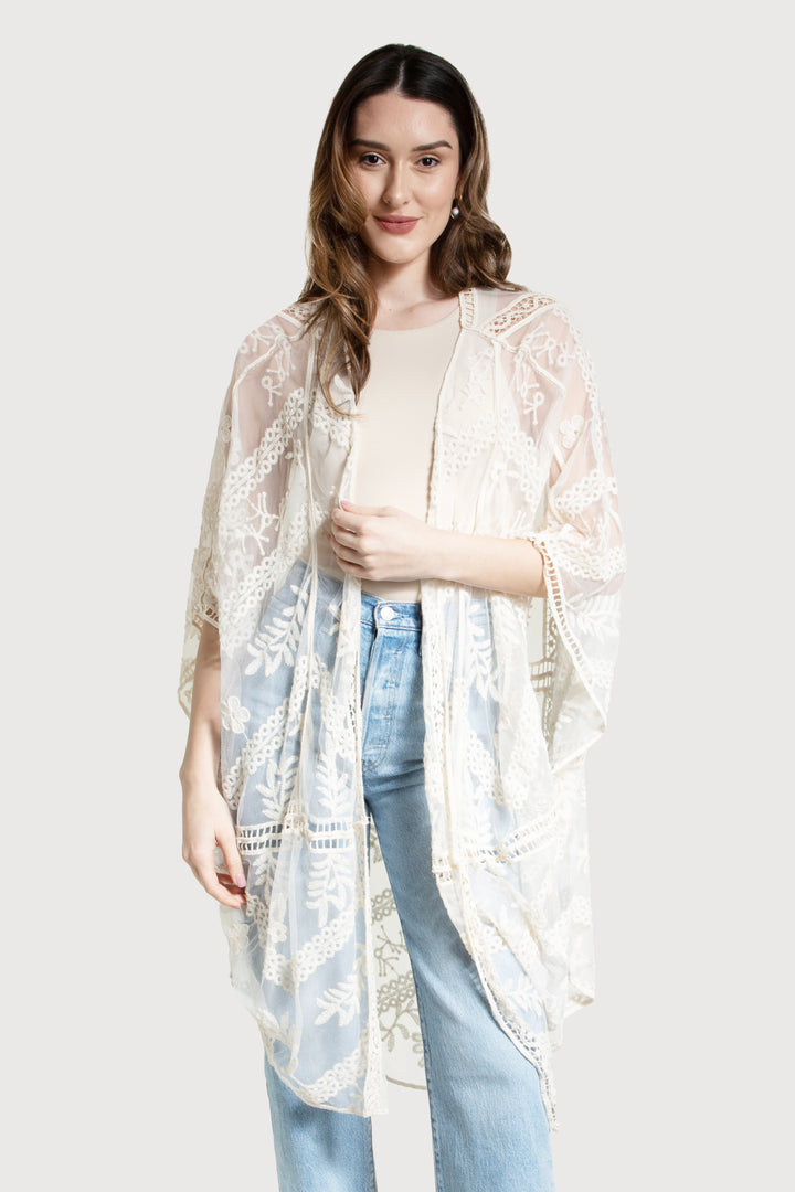 SHEER BOTANICAL GEO LACE KIMONO IVORY