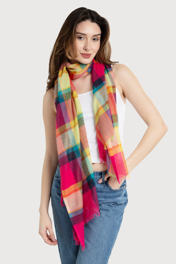 Rainbow Plaid Cotton Scarf Fuchsia