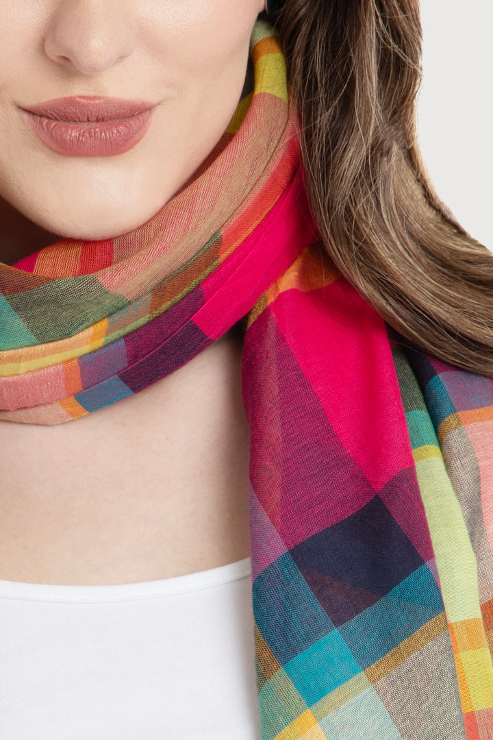 Rainbow Plaid Cotton Scarf Fuchsia