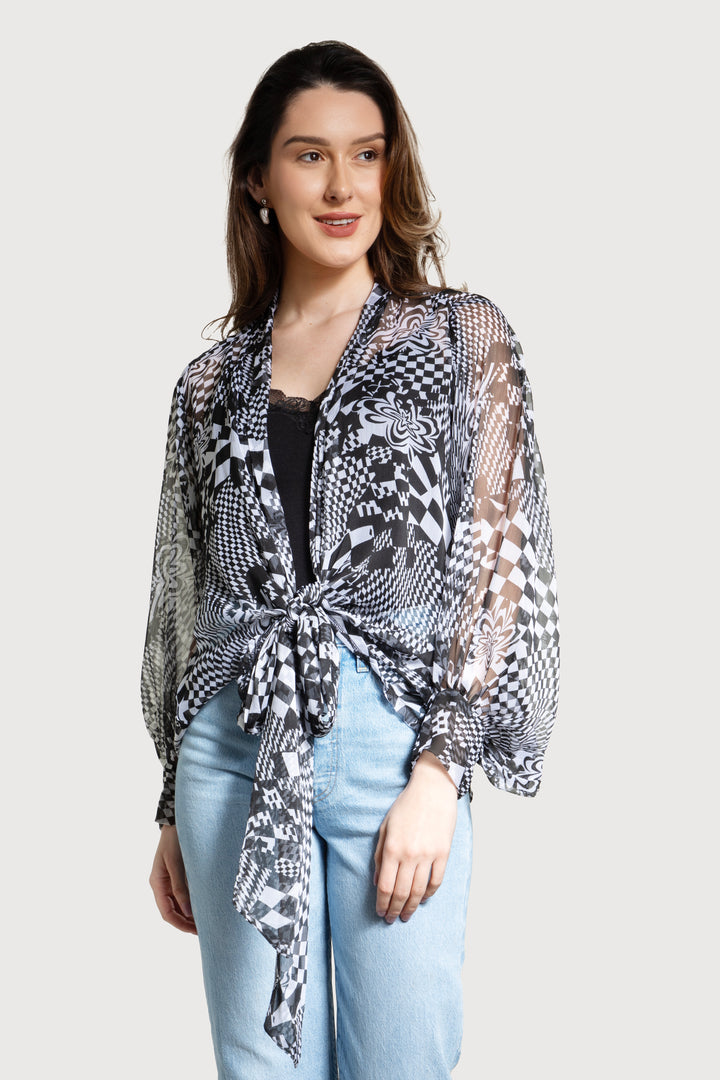 Sheer Floral Geo Tie Front Kimono