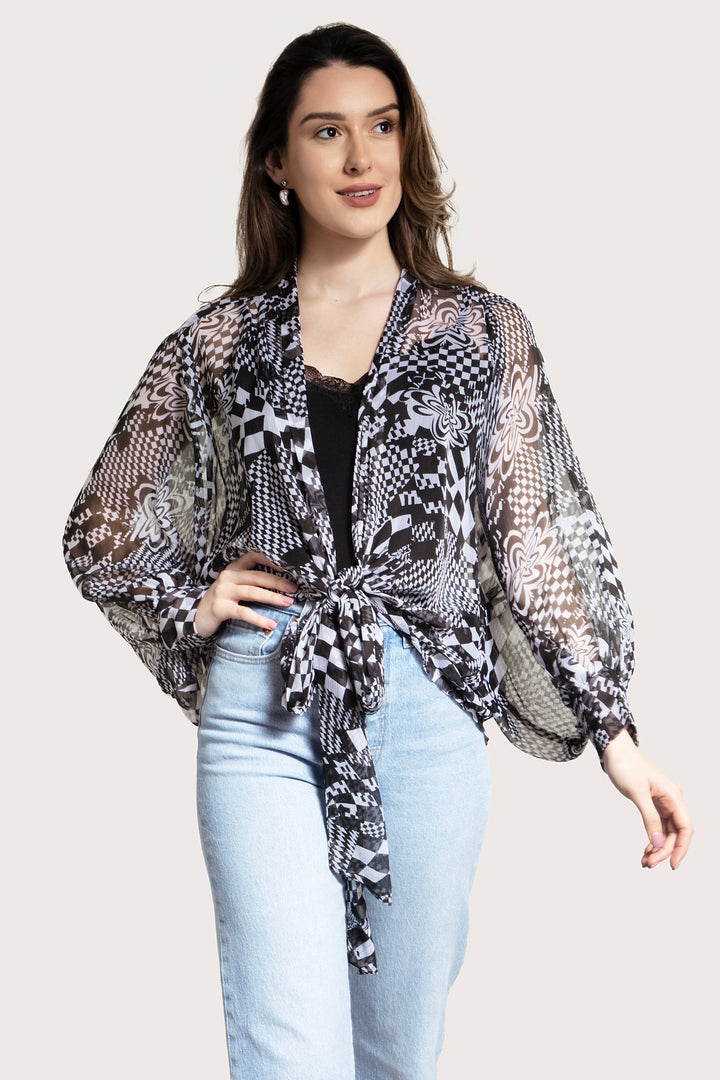 Sheer Floral Geo Tie Front Kimono