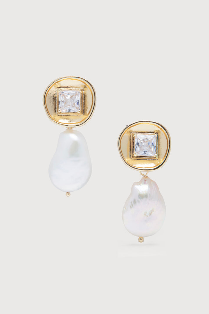 Gold Disc Pearl Drop Earrings