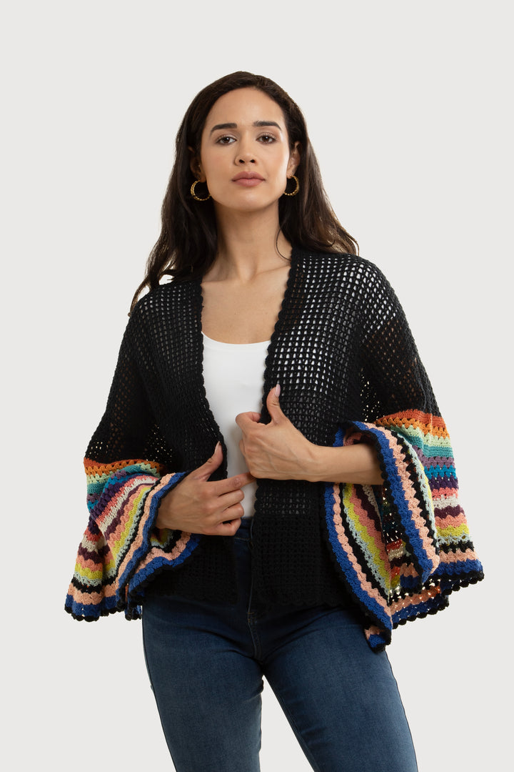 Multicolored Crochet Bell Sleeve Short Jacket in Black