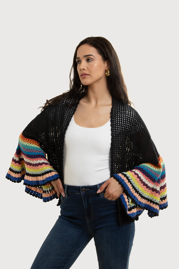 Multicolored Crochet Bell Sleeve Short Jacket in Black