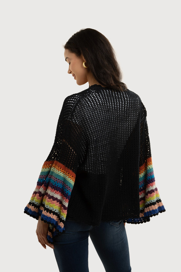 Multicolored Crochet Bell Sleeve Short Jacket in Black