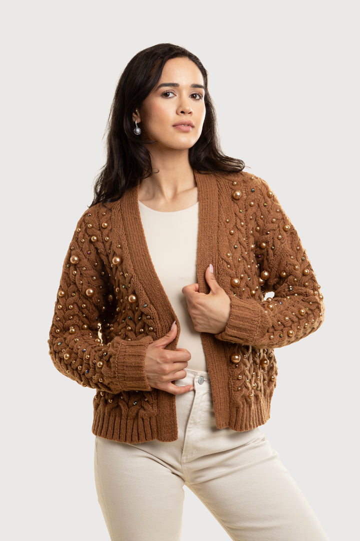 Holiday Cardigan Pearl Knit in Brown