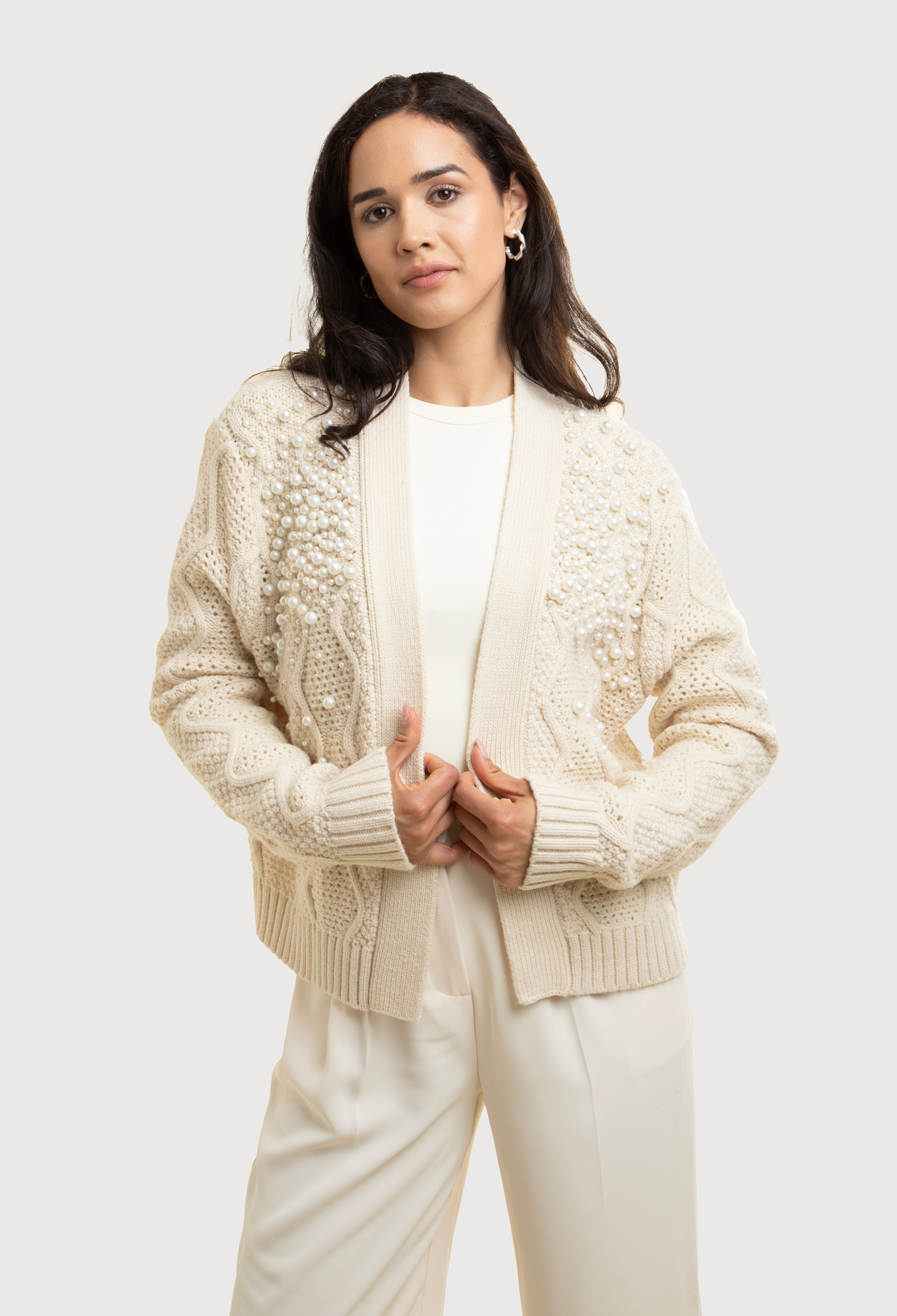 Saachistyle Pearl Embellished Cardigan Ivory Acrylic ABS