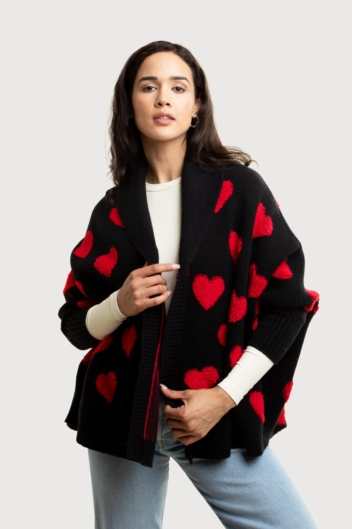 Heart Cardigan Ribbed Knit In Red & Black