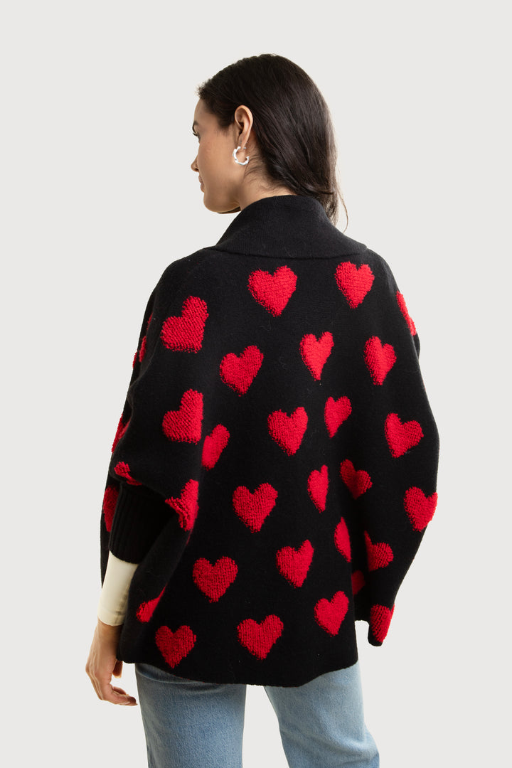 Heart Cardigan Ribbed Knit In Red & Black