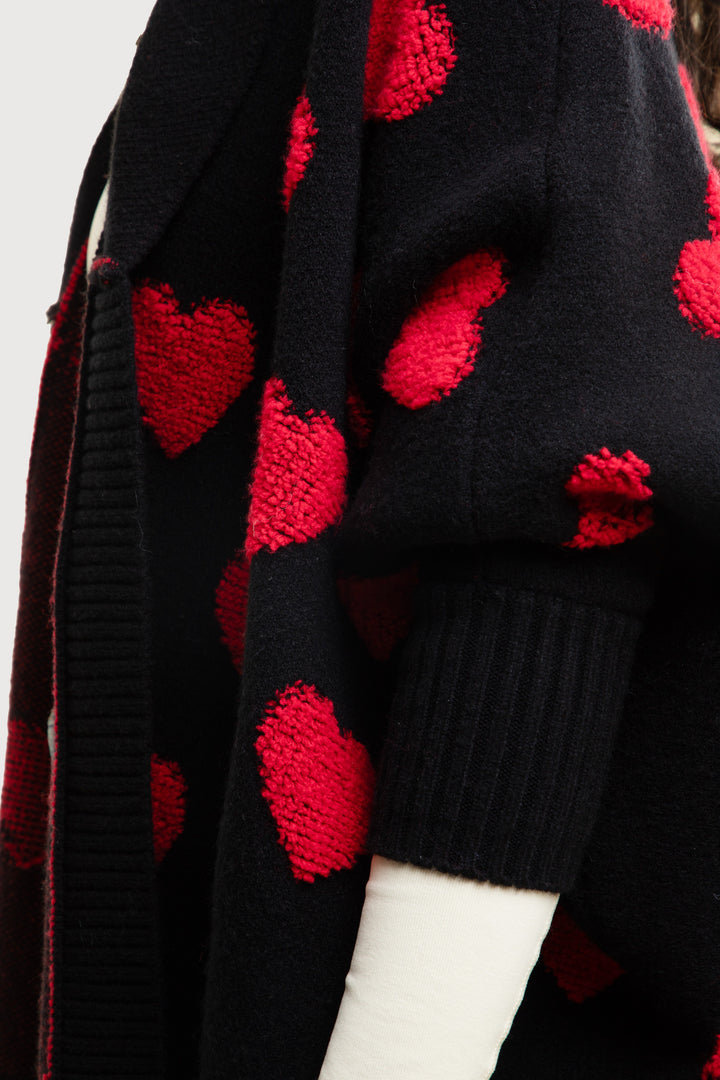 Heart Cardigan Ribbed Knit In Red & Black