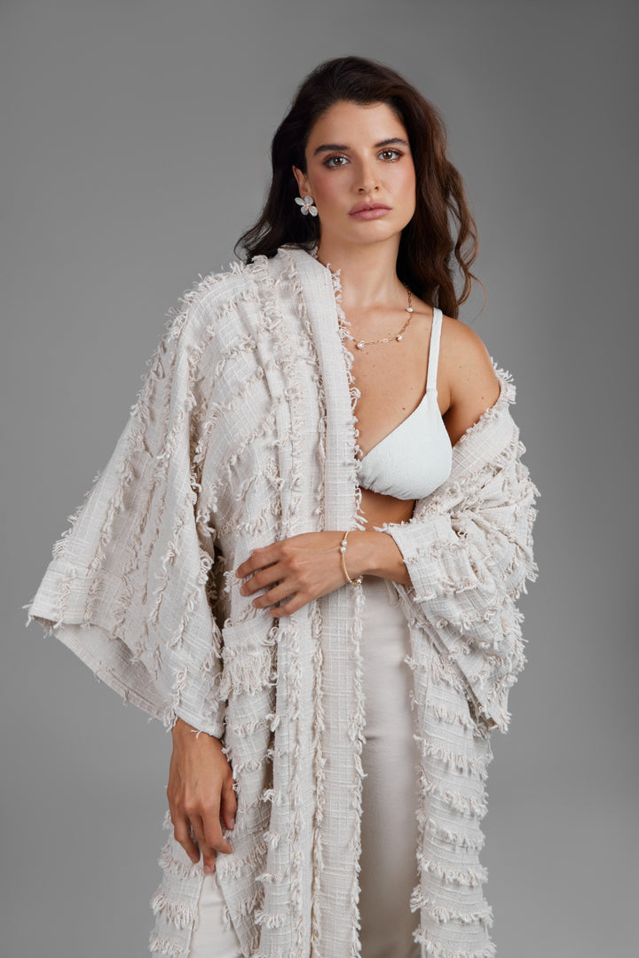 Ivory Fringe Long Jacket