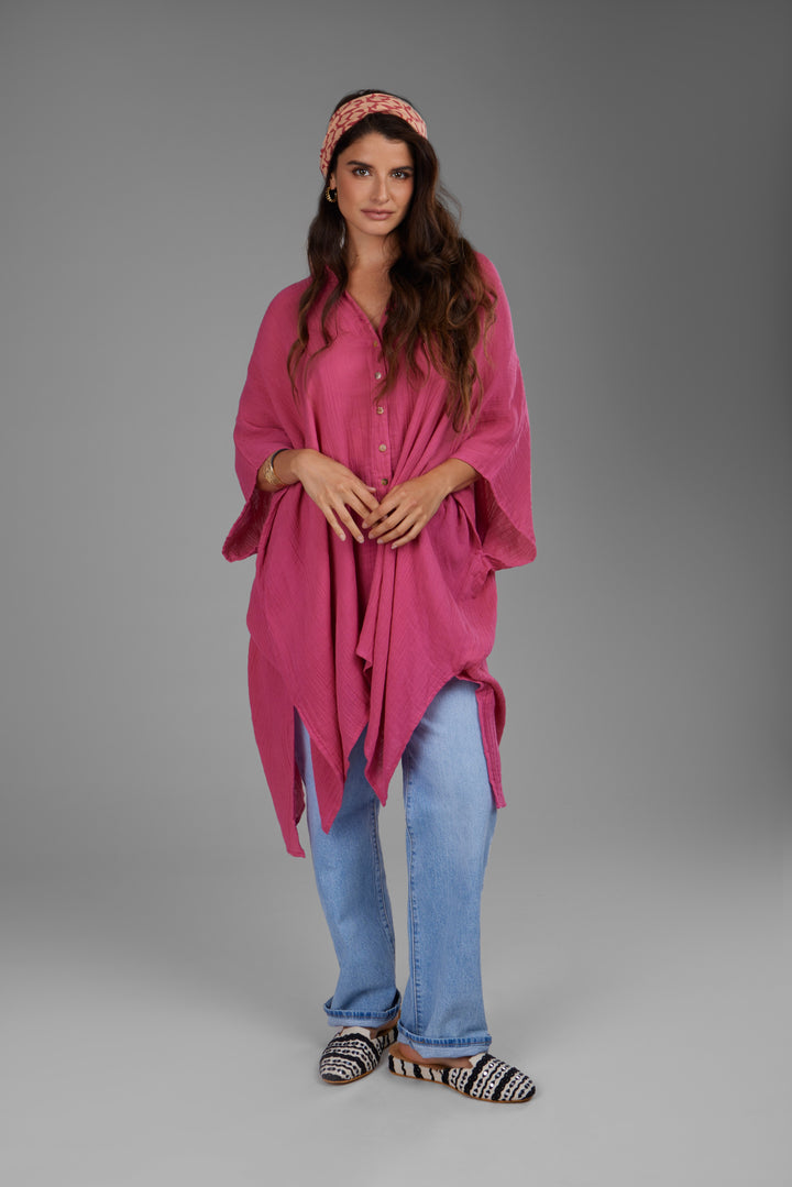 Oversized Textured Cotton Shirt Magenta