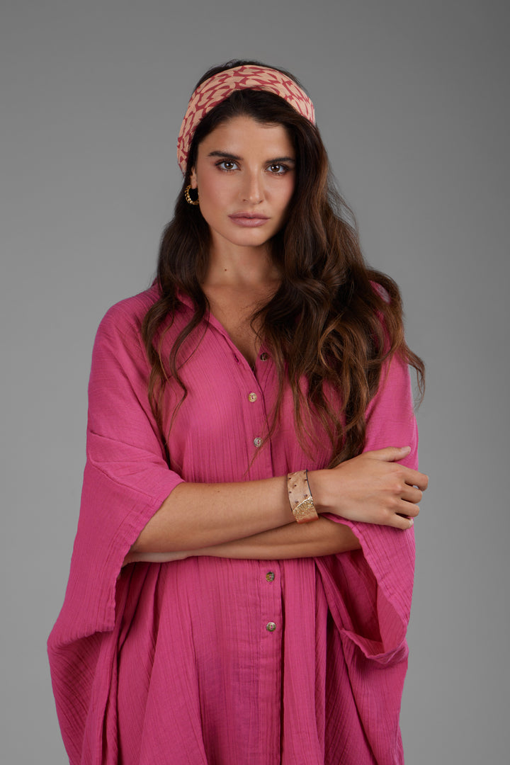 Oversized Textured Cotton Shirt Magenta