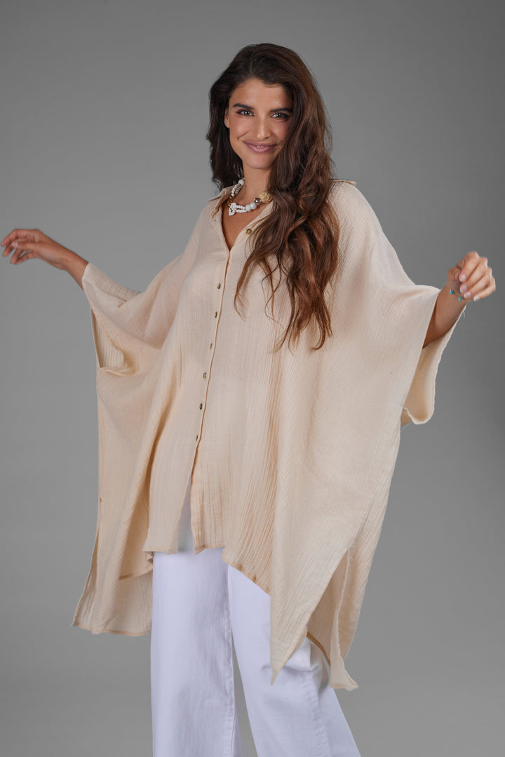 Oversized Textured Cotton Shirt beige