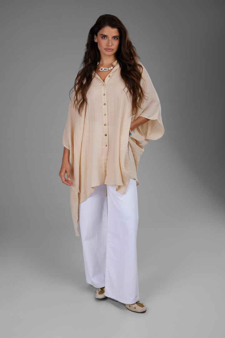 Oversized Textured Cotton Shirt beige