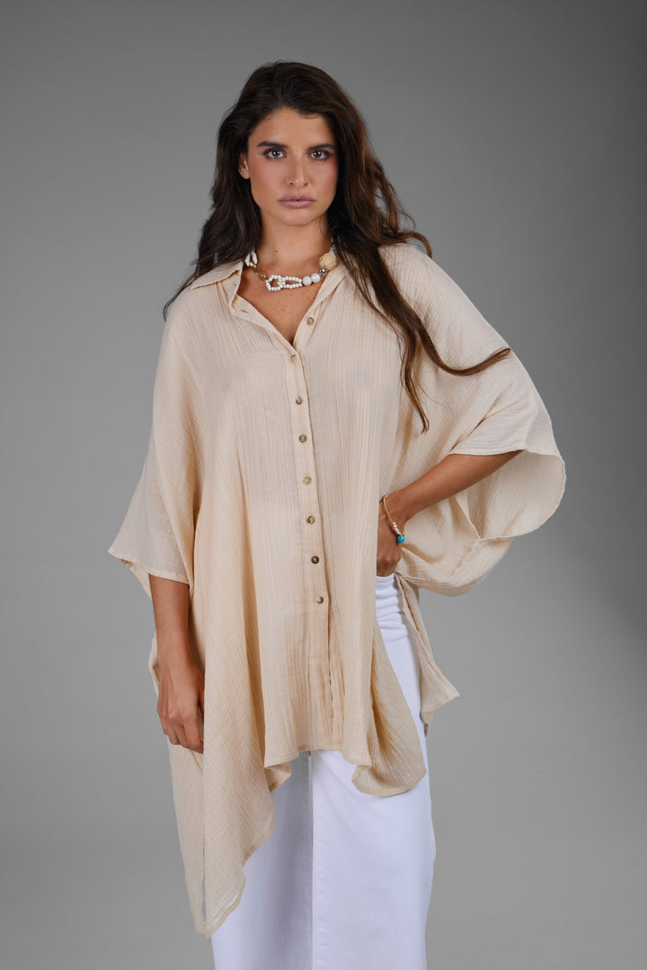 Oversized Textured Cotton Shirt beige