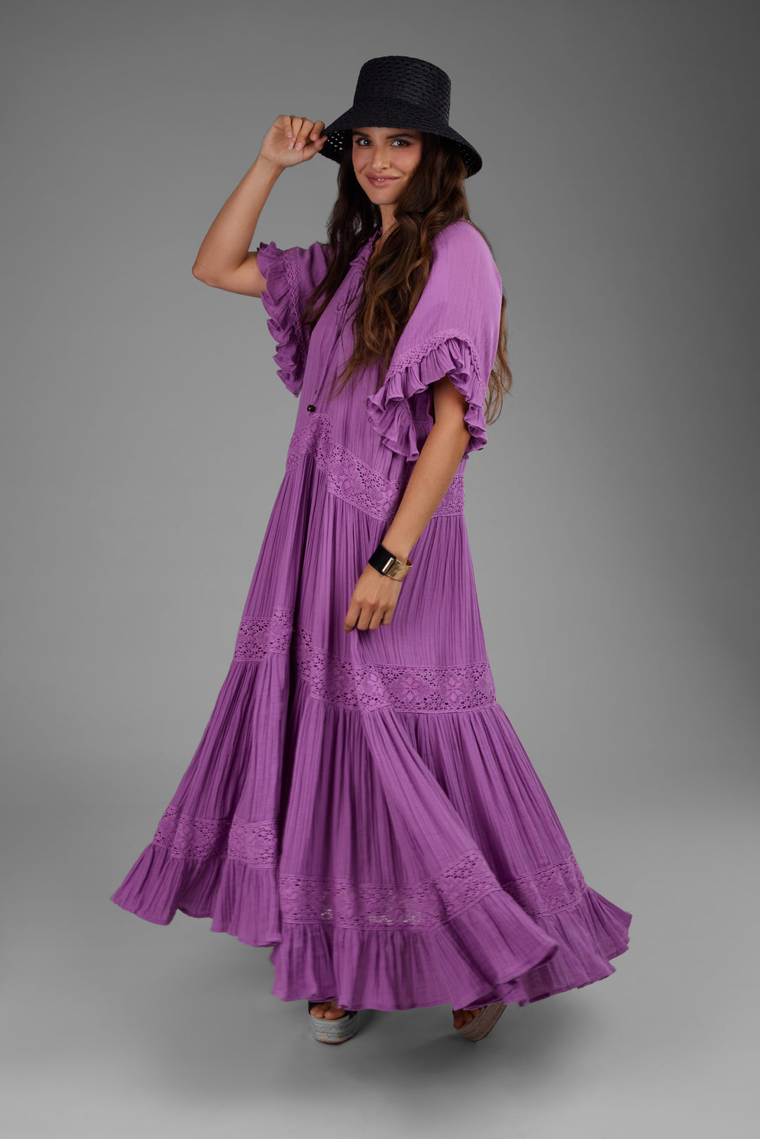 SAACHI Women's Tiered Cotton Maxi Dress - Pink - Maxi dresses SAACHI Women's Tiered Cotton Maxi Dress - Pink - Maxi dresses