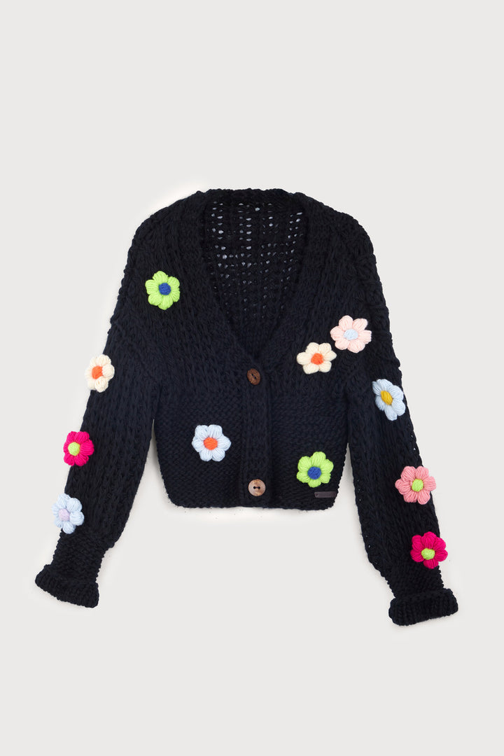 Appliqué Knit Floral Cardigan With Buttons