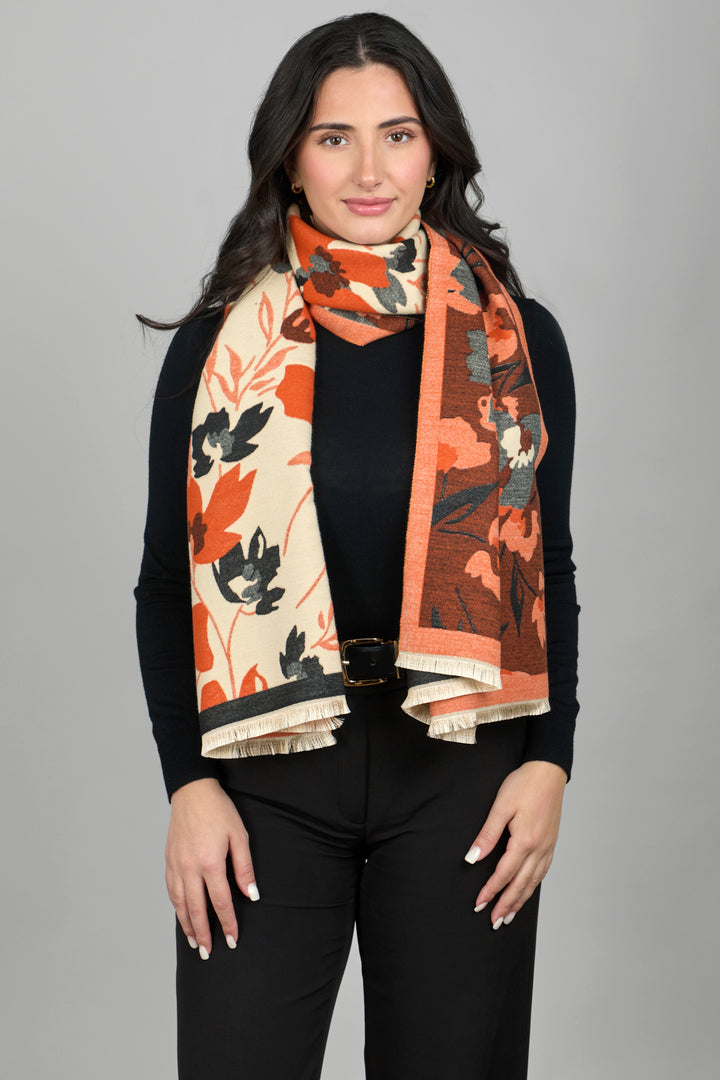 Floral Reversible Fringed Trim Scarf For Fall