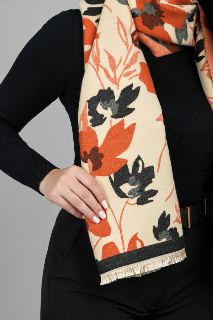 Floral Reversible Fringed Trim Scarf For Fall