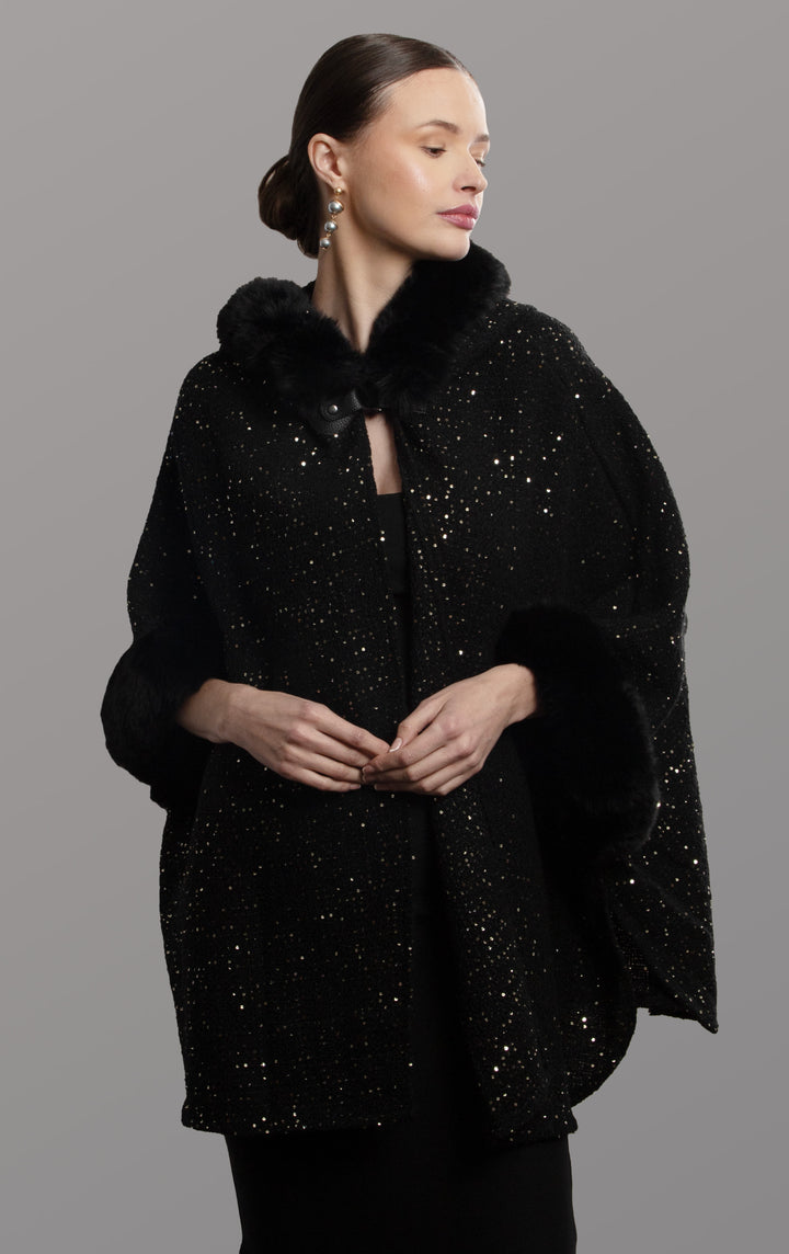 Sequin Kimono Faux Fur Hood