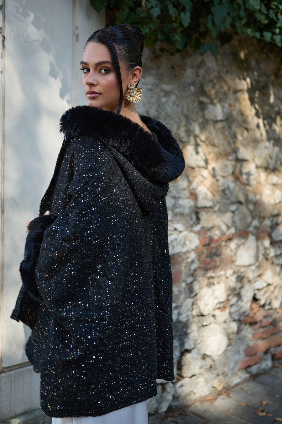 Sequin Faux Fur Hooded Kimono | SAACHI