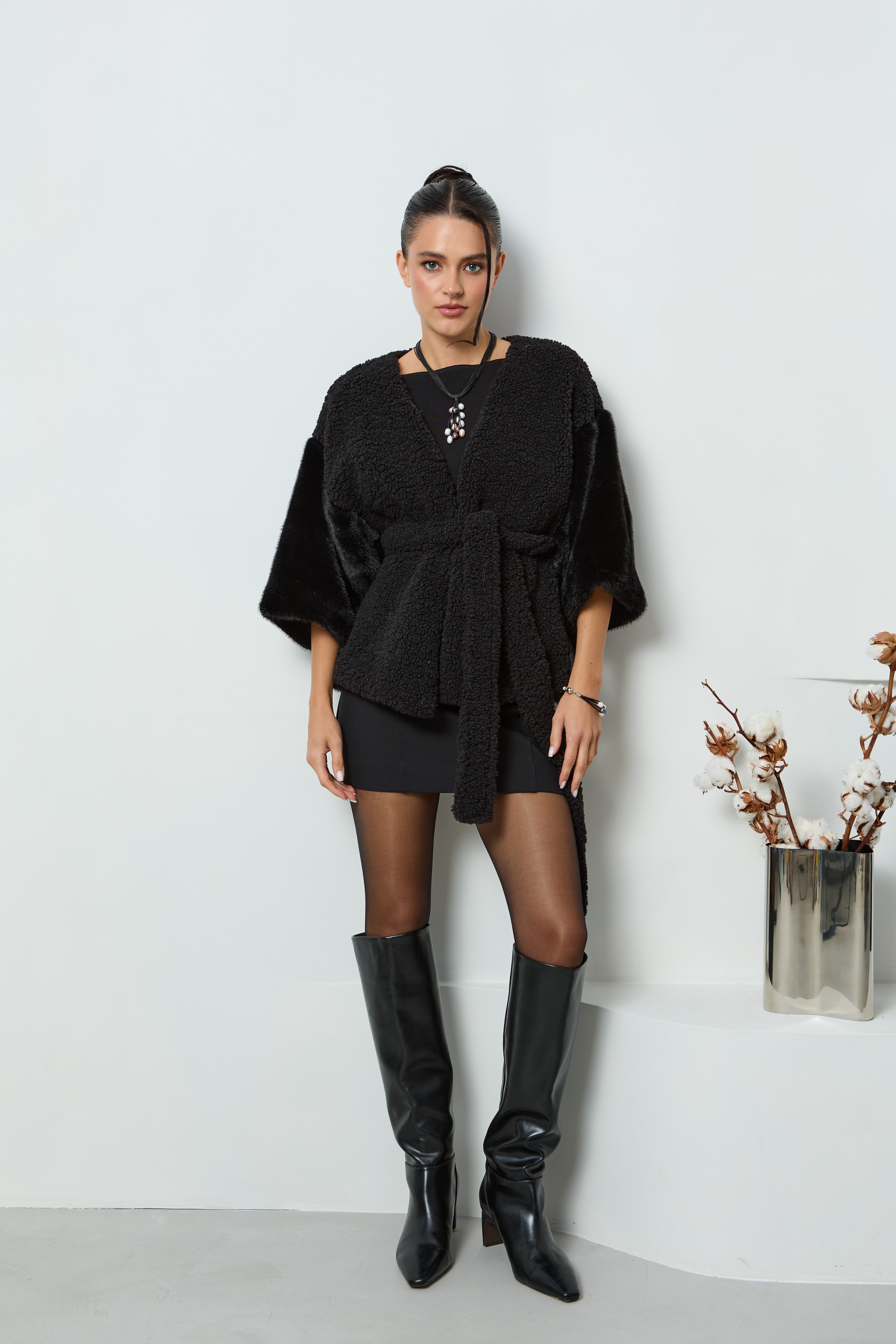 Fur Tie Front Short Kimono | SAACHI