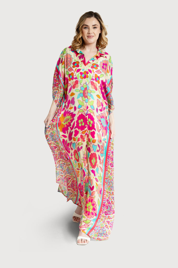 Multicolored Floral Collared Kaftan Multi