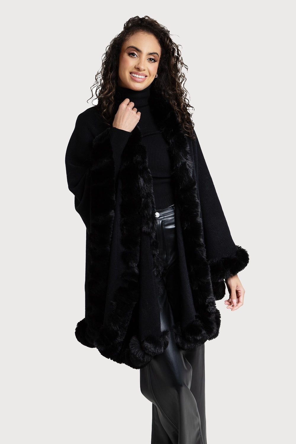 Faux Fur Cape Kimono Black