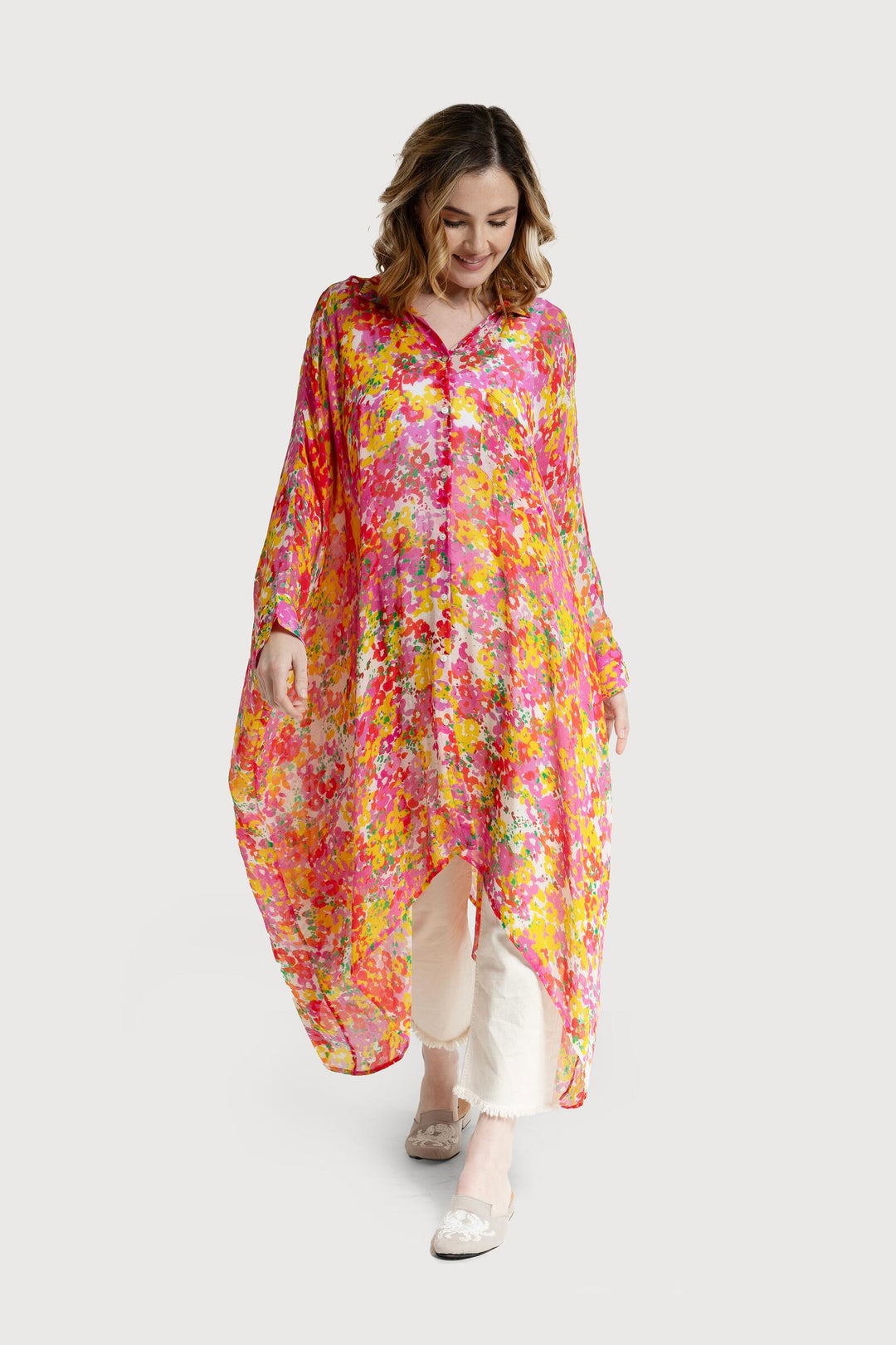 Oversized Colorful Floral Shirt Hot Pink
